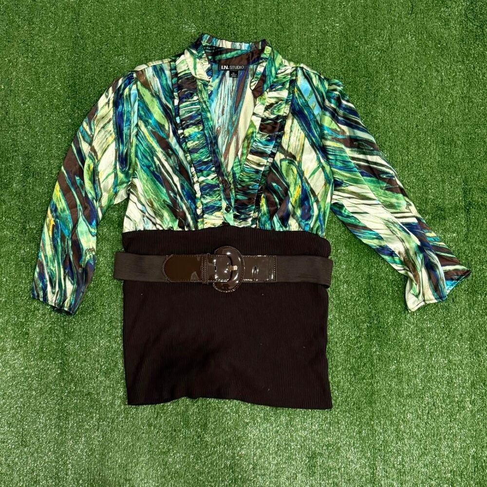 Y2K esque I.N. Studio green, blue, and white abstract swirl print blouse with ru